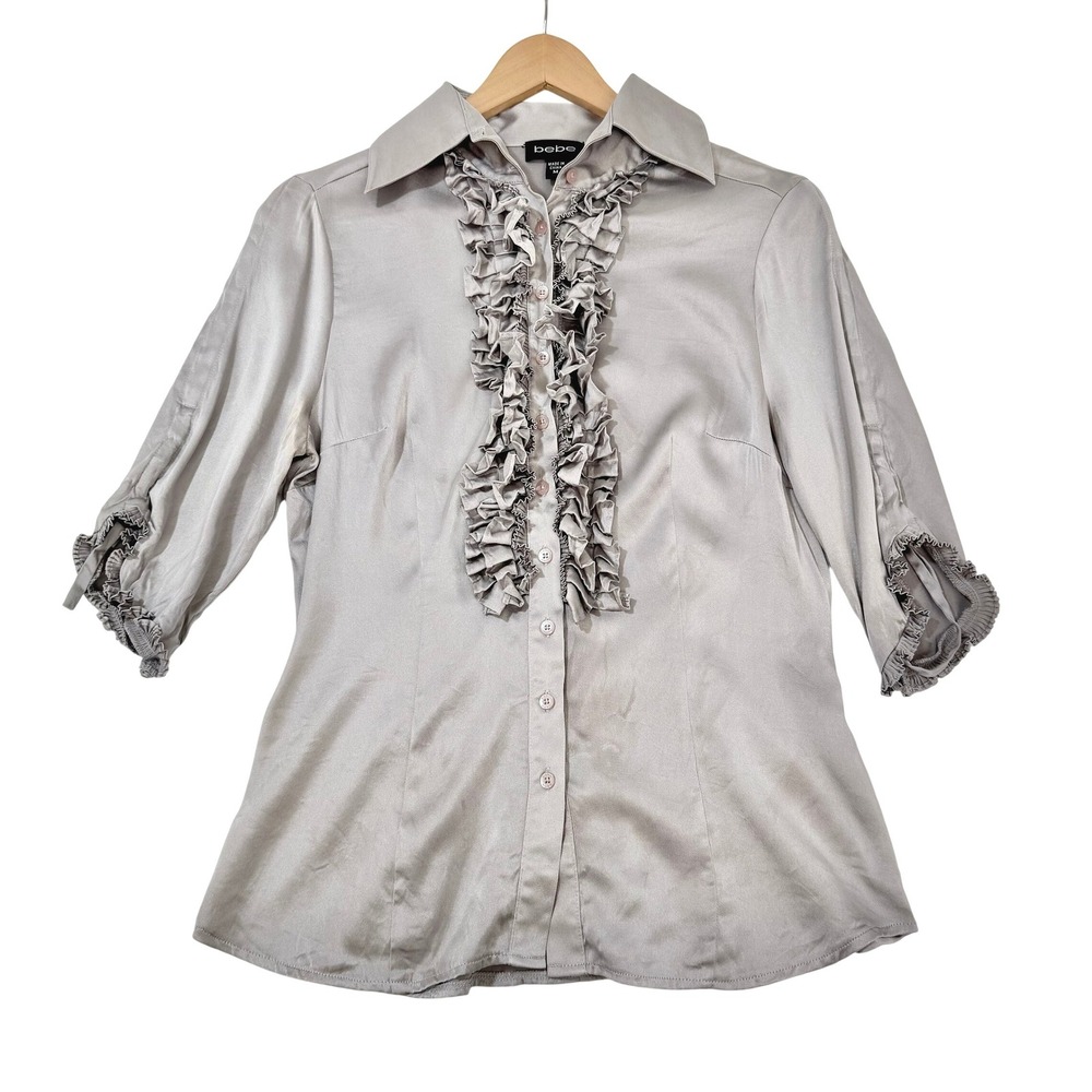 VTG y2k Bebe Satin Silk Blend Ruffle Front Blouse Silver Grey Button Up Top M